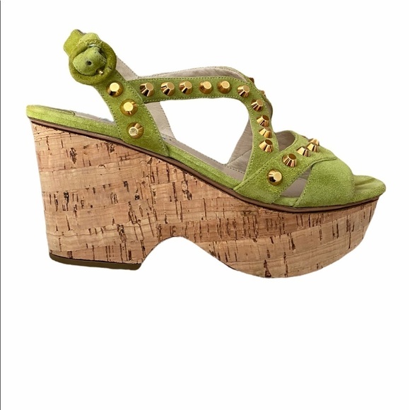 Prada- Lime Green Gold Studded Sandal with Cork wedge heel - Picture 1 of 8